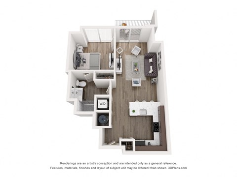 Floor plan for 1 bed, 1 bath, 678 sqft